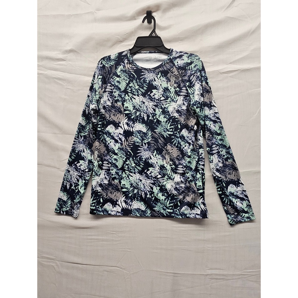 Reel Life Mens Tropical Leaf Rash Guard Blue Polyester Athletic Size Large